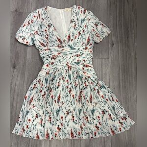 Maje Rasion Pleated White and Red Floral Mini Dress